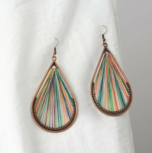 NEW Handmade Boho | Rainbow Woven Thread Earrings - Picture 6 of 11